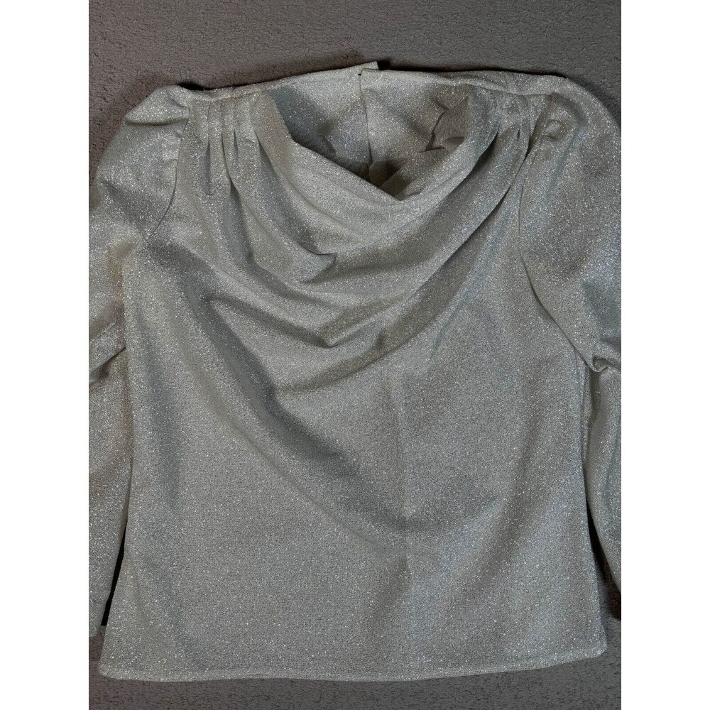 Vintage Silver Shimmer Top Cowl Neck Puff Shoulder 80s Glam Blouse Chest 40" - Picture 2 of 9